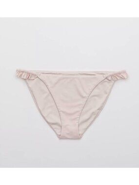 AERIE Ruffle Cheeky Bikini Bottoms Sz S Nude Pink Lettuce Trim Stretchy Swimwear